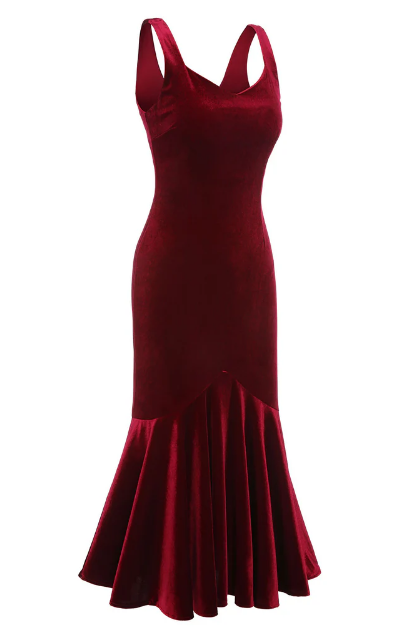 Wine Red 1930s Strap Velvet Mermaid Dress